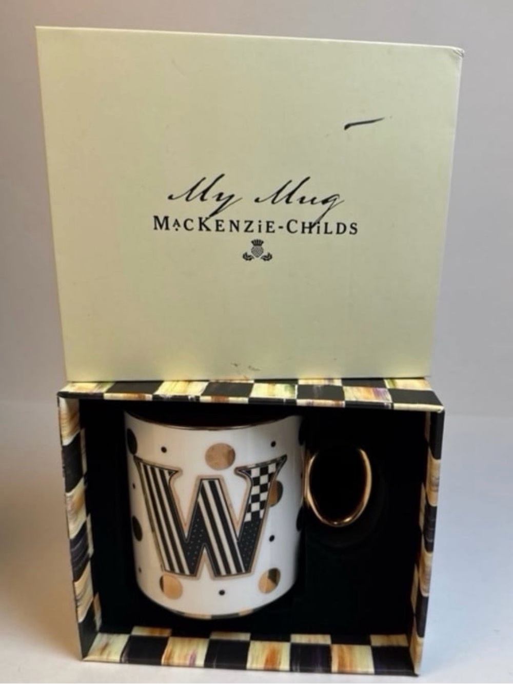 MacKenzie-Childs White and Gold 'W' Accent Mug